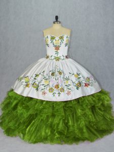Olive Green Ball Gowns Embroidery and Ruffles Sweet 16 Dress Lace Up Organza Sleeveless Floor Length