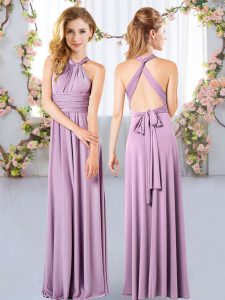 Halter Top Sleeveless Dama Dress for Quinceanera Floor Length Ruching Lavender Chiffon