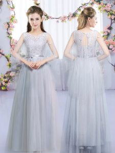 Floor Length Empire Sleeveless Grey Quinceanera Court of Honor Dress Lace Up