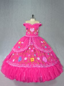Most Popular Sleeveless Floor Length Embroidery Lace Up Sweet 16 Dress with Hot Pink