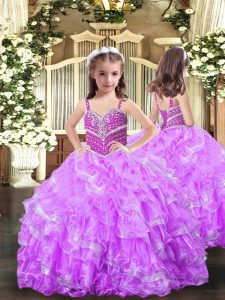Lilac Kids Formal Wear Party and Sweet 16 and Wedding Party with Beading and Ruffles Straps Sleeveless Lace Up