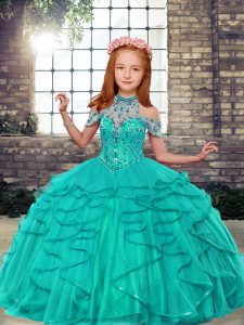 High-neck Sleeveless Lace Up Little Girls Pageant Dress Wholesale Turquoise Tulle