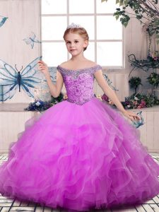Superior Beading and Ruffles Little Girl Pageant Gowns Lilac Lace Up Sleeveless Floor Length