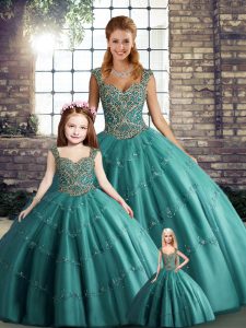 Admirable Ball Gowns 15 Quinceanera Dress Teal Straps Tulle Sleeveless Floor Length Lace Up