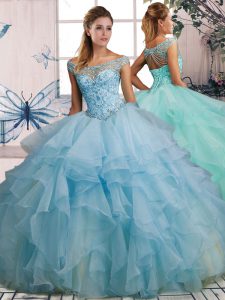 Fantastic Light Blue Ball Gowns Organza Off The Shoulder Sleeveless Beading and Ruffles Floor Length Lace Up Quince Ball Gowns