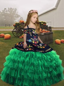Dramatic Green Ball Gowns Straps Sleeveless Organza Floor Length Lace Up Embroidery Little Girl Pageant Dress