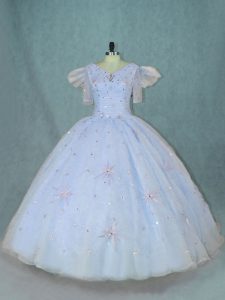 Short Sleeves Organza Floor Length Zipper Ball Gown Prom Dress in Light Blue with Beading