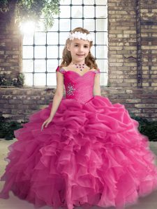 Trendy Organza Straps Sleeveless Lace Up Beading and Ruffles and Pick Ups Child Pageant Dress in Hot Pink