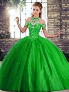 Green Tulle Lace Up Halter Top Sleeveless Quince Ball Gowns Brush Train Beading