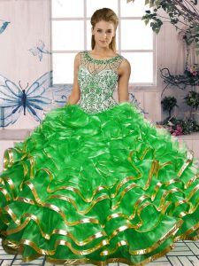 Green Organza Lace Up Scoop Sleeveless Floor Length Sweet 16 Quinceanera Dress Beading and Ruffles