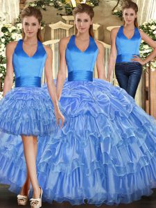 Glittering Baby Blue Lace Up Sweet 16 Dresses Sleeveless Floor Length Ruffles and Pick Ups