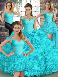 Pretty Aqua Blue Off The Shoulder Lace Up Beading and Ruffles Sweet 16 Quinceanera Dress Sleeveless