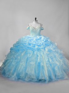 Baby Blue Ball Gowns Straps Sleeveless Organza Brush Train Lace Up Beading and Ruffles and Pick Ups Quince Ball Gowns