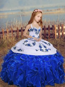 Royal Blue Ball Gowns Organza Straps Sleeveless Embroidery and Ruffles Floor Length Lace Up Pageant Dress Wholesale