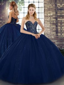 Dramatic Navy Blue Ball Gowns Sweetheart Sleeveless Tulle Floor Length Lace Up Beading 15 Quinceanera Dress