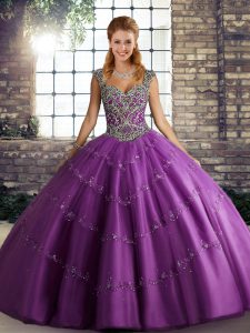 Extravagant Straps Sleeveless Quinceanera Dress Floor Length Beading and Appliques Purple Tulle