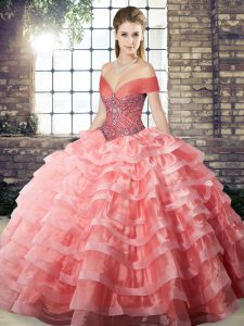 Decent Watermelon Red Quinceanera Dress Off The Shoulder Sleeveless Brush Train Lace Up