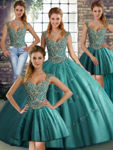Teal Lace Up Sweet 16 Dresses Beading and Appliques Sleeveless Floor Length