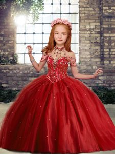 Red Sleeveless Tulle Lace Up Little Girl Pageant Gowns for Party and Wedding Party