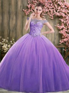 Free and Easy Tulle Off The Shoulder Sleeveless Lace Up Beading Sweet 16 Quinceanera Dress in Lavender