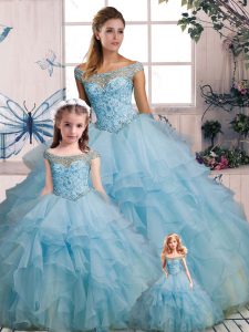 Sweet Light Blue Ball Gown Prom Dress Military Ball and Sweet 16 and Quinceanera with Beading and Ruffles Off The Shoulder Sleeveless Lace Up
