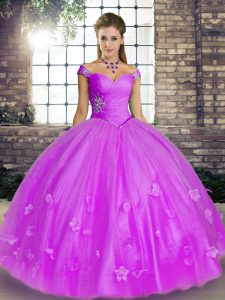Glorious Off The Shoulder Sleeveless Quinceanera Gowns Floor Length Beading and Appliques Lavender Tulle