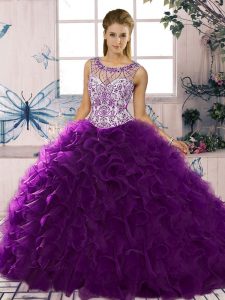 Purple Ball Gowns Organza Scoop Sleeveless Beading and Ruffles Floor Length Lace Up Quinceanera Dresses
