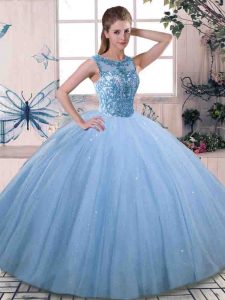 Scoop Sleeveless Quinceanera Dresses Floor Length Beading Blue Tulle