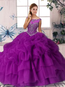 Gorgeous Purple 15th Birthday Dress Military Ball and Sweet 16 and Quinceanera with Beading and Pick Ups Scoop Sleeveless Brush Train Zipper