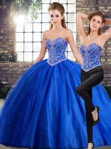 New Style Blue Sleeveless Tulle Brush Train Lace Up 15 Quinceanera Dress for Military Ball and Sweet 16 and Quinceanera