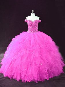 Hot Sale Fuchsia Ball Gowns Tulle Off The Shoulder Sleeveless Beading and Ruffles Floor Length Lace Up 15 Quinceanera Dress