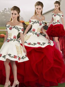 Cute Floor Length White And Red Sweet 16 Dress Tulle Sleeveless Embroidery and Ruffles