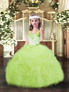 Yellow Green Organza Lace Up Child Pageant Dress Sleeveless Floor Length Beading and Ruffles and Pick Ups