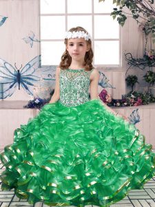 Customized Green Lace Up Scoop Beading and Ruffles Little Girls Pageant Dress Wholesale Organza Sleeveless