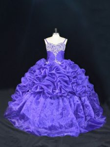 Customized Purple Organza Lace Up Sweet 16 Dresses Sleeveless Brush Train Beading and Pick Ups