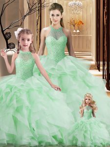 Beautiful Apple Green 15th Birthday Dress Halter Top Sleeveless Brush Train Lace Up