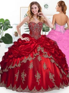 Wine Red Organza Lace Up Sweetheart Sleeveless Floor Length Ball Gown Prom Dress Beading and Appliques and Pick Ups