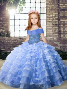 Lovely Sleeveless Beading and Ruffled Layers Lace Up Winning Pageant Gowns with Blue Brush Train