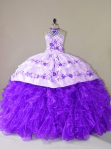 Custom Fit Purple Halter Top Lace Up Embroidery and Ruffles Vestidos de Quinceanera Court Train Sleeveless