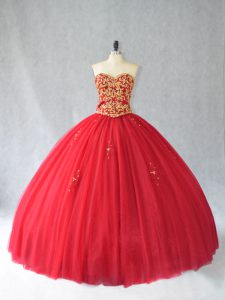 Brush Train Ball Gowns Sweet 16 Quinceanera Dress Red Sweetheart Tulle Sleeveless Lace Up