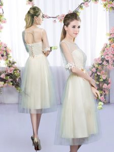 Champagne Quinceanera Dama Dress Wedding Party with Lace and Bowknot Scoop Half Sleeves Lace Up