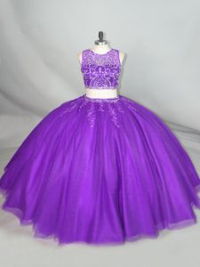 Scoop Sleeveless Tulle Quinceanera Gowns Beading Zipper