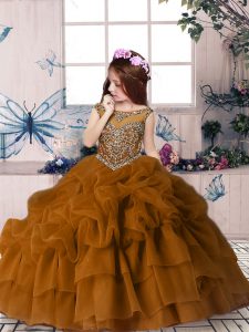 Brown Ball Gowns Scoop Sleeveless Organza Floor Length Zipper Beading and Pick Ups Girls Pageant Dresses