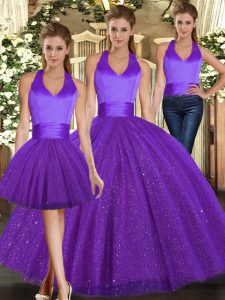 Best Selling Floor Length Purple Military Ball Gown Halter Top Sleeveless Lace Up