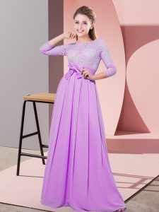 Elegant Lilac Empire Scoop 3 4 Length Sleeve Chiffon Floor Length Side Zipper Lace and Belt Quinceanera Dama Dress