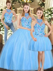 Decent Tulle Halter Top Sleeveless Lace Up Embroidery 15 Quinceanera Dress in Baby Blue