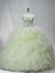 Yellow Green Sleeveless Beading Lace Up Quince Ball Gowns