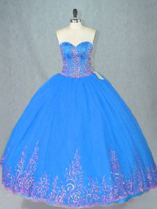 Fantastic Blue Ball Gowns Sweetheart Sleeveless Tulle Floor Length Lace Up Beading and Embroidery Sweet 16 Dress