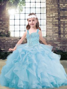 Straps Sleeveless Lace Up Little Girls Pageant Dress Light Blue Tulle