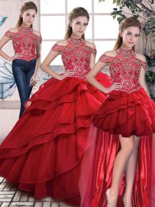 Admirable Red Quince Ball Gowns Halter Top Sleeveless Lace Up